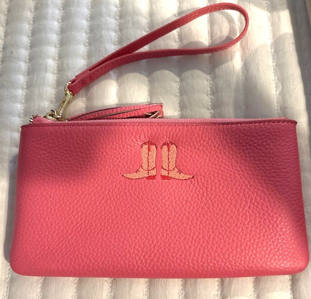 Bam Bird Boutique Pink Cowboy Boots Embroidered Wristlet Clutch Wallet NWOT